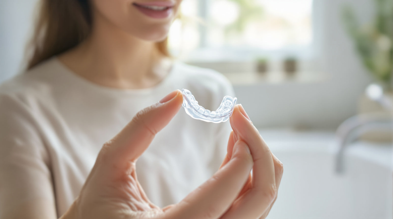 British woman holding her replacement retainer at home — NewSmile UK reorder kit for retainer wearers