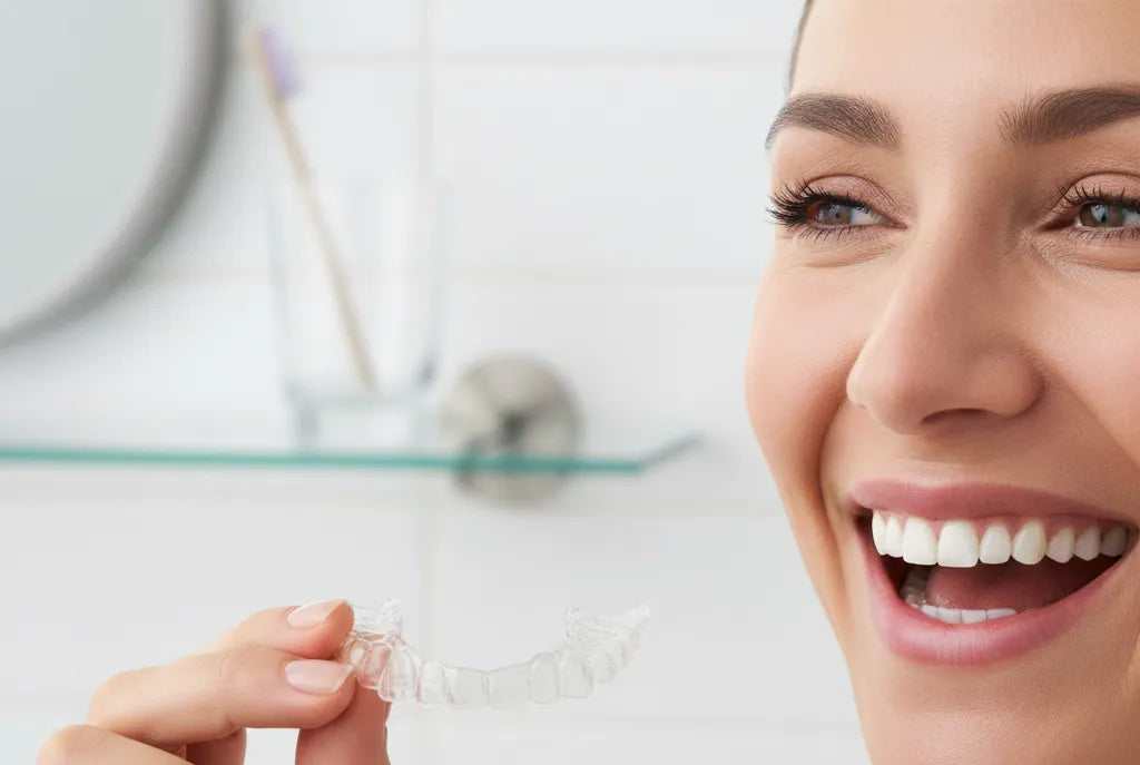 Clear dental retainer held after orthodontic treatment
