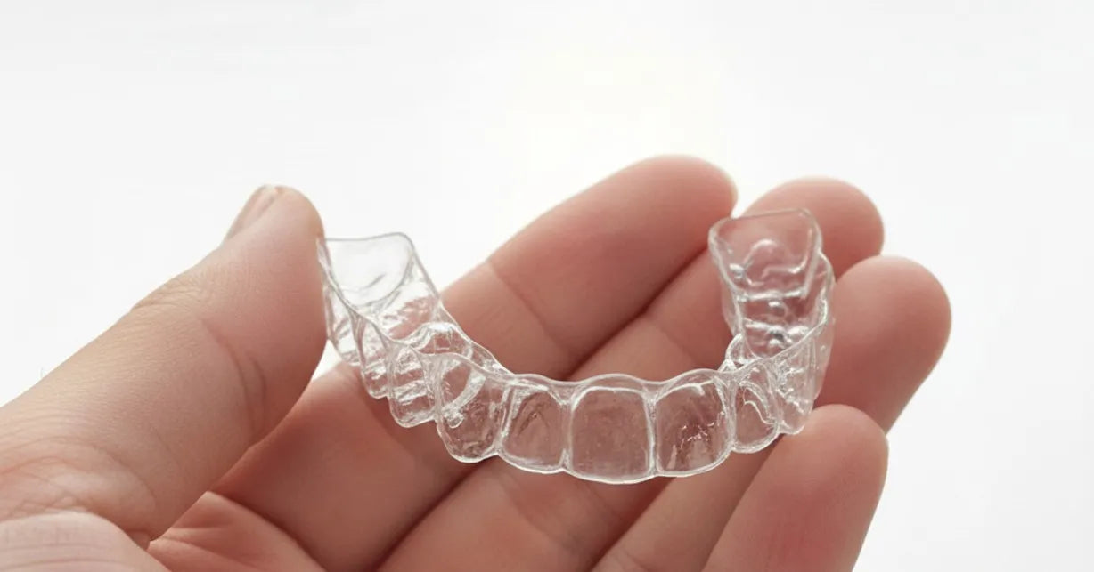 NewSmile clear retainer in hand, demonstrating removable and hygienic design