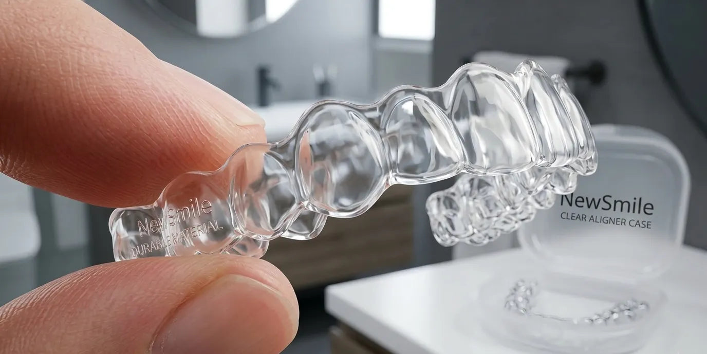Close-up of NewSmile clear retainer highlighting durable material