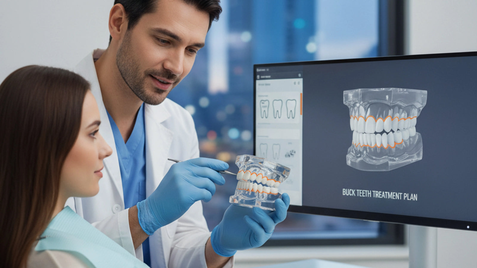 Dentist explaining retainer use for buck teeth to a patient