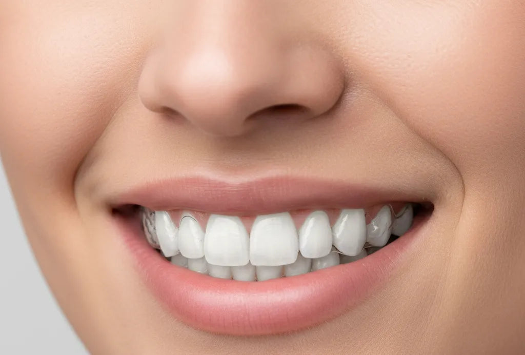 Clear Essix retainer worn on aligned teeth