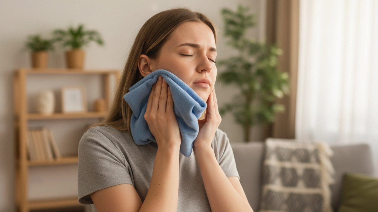 Person applying warm compress to jaw to relieve TMJ-related ear ringing
