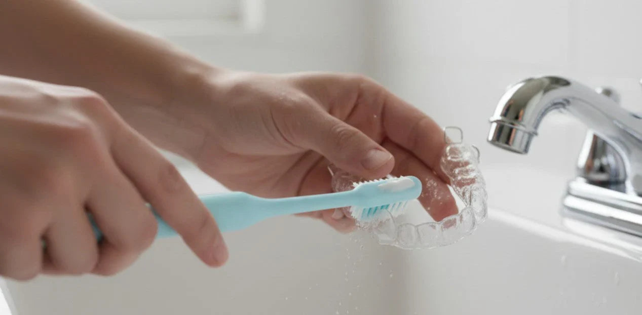 Gently brushing a dental retainer with soft toothbrush