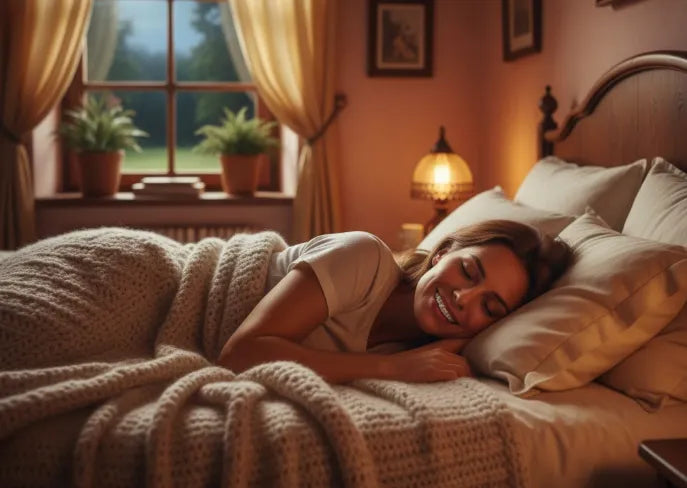 A calm nighttime scene — person resting on soft bedding, subtle blue tones to evoke peace and reduced stress. Perfect banner image for the topic.