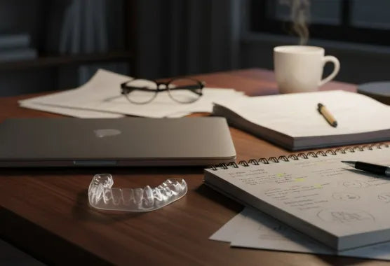 Custom night guard beside college books and stationery on a dorm desk