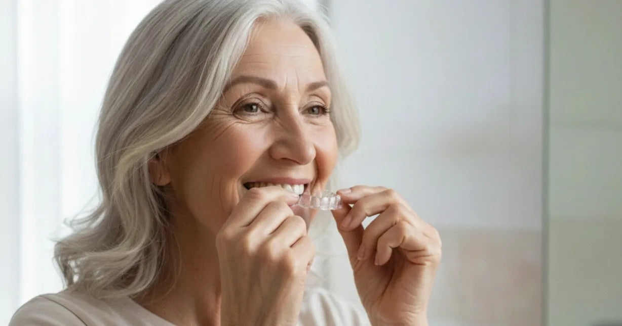 Senior inserting clear retainer to maintain alignment