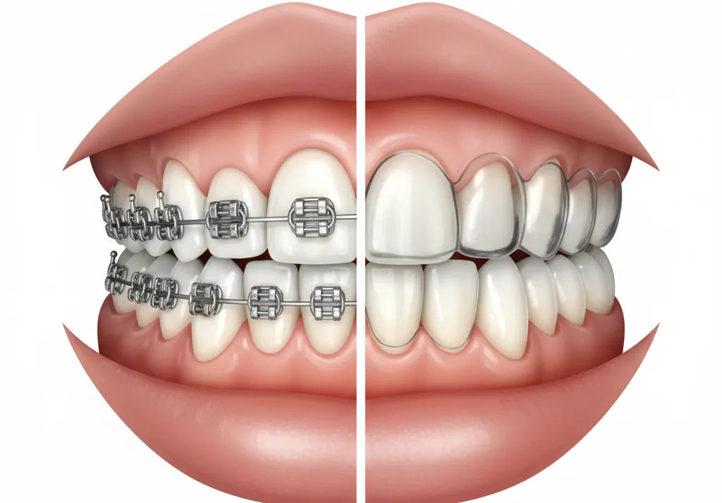 modern dental illustration showing a split comparison