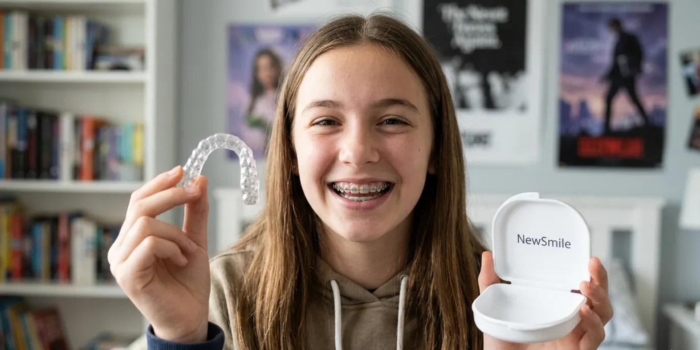 Teen holding a custom NewSmile night guard, demonstrating comfort and fit for teeth grinding protection