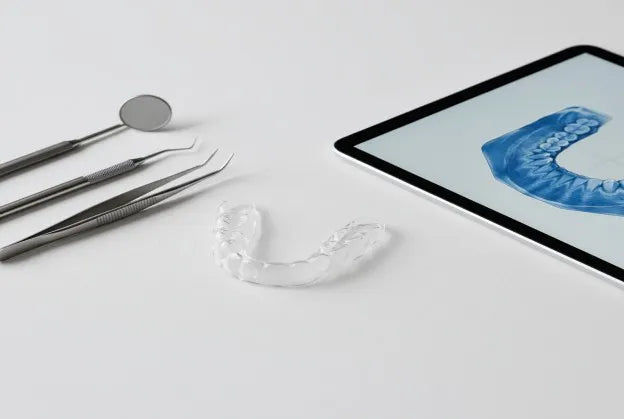 Flat lay of a custom night guard next to dental tools or a digital mold scan — highlighting precision and quality.