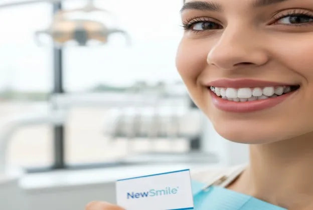 Patient wearing NewSmile clear aligners for open bite correction