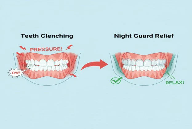 Illustration showing how night guards relieve jaw tension from clenching