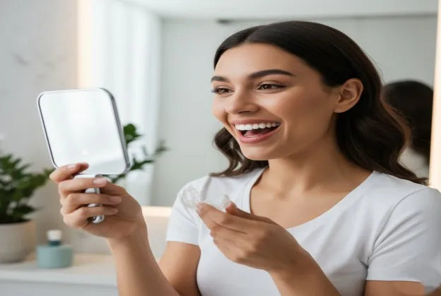 Smiling person examining straight teeth after braces