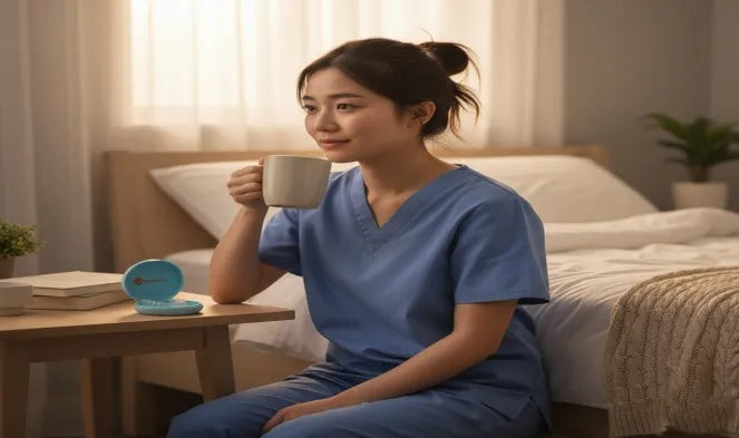 Night shift worker resting with night guard for better sleep recovery