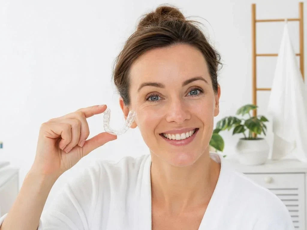 British woman holding a clear dental retainer UK - Retainers 4 Life vs NewSmile UK comparison 2026