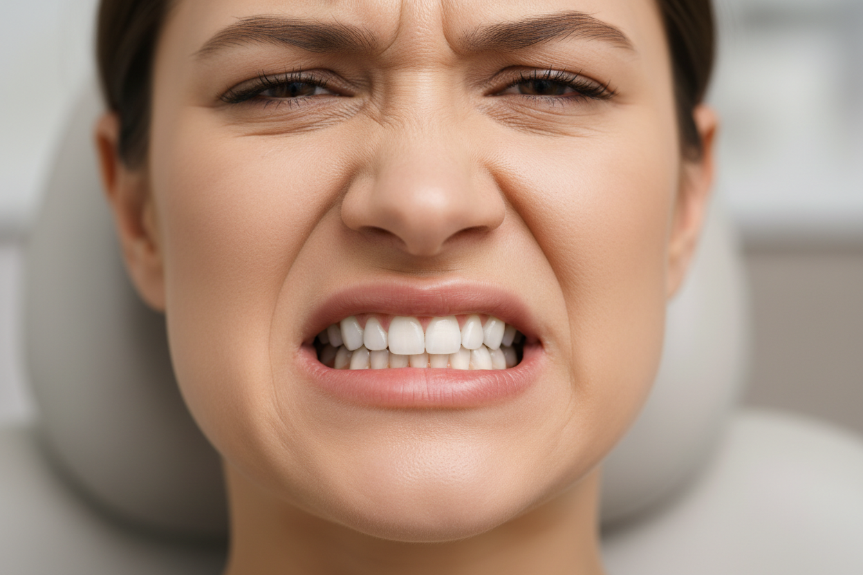 Unhappy woman due to teeth grinding