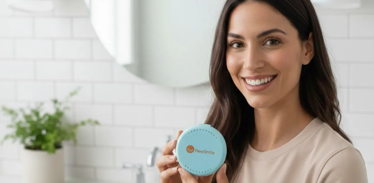 Adult wearing clear dental retainers to prevent teeth shifting without braces
