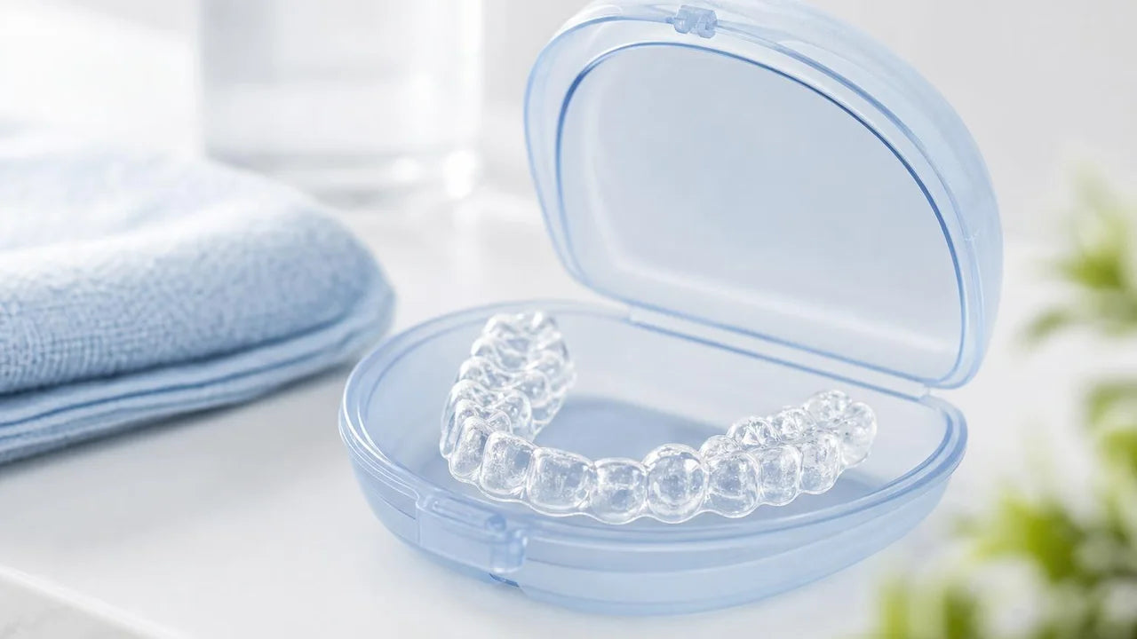 Clear Essix retainer in travel case UK - NewSmile post-braces retention guide
