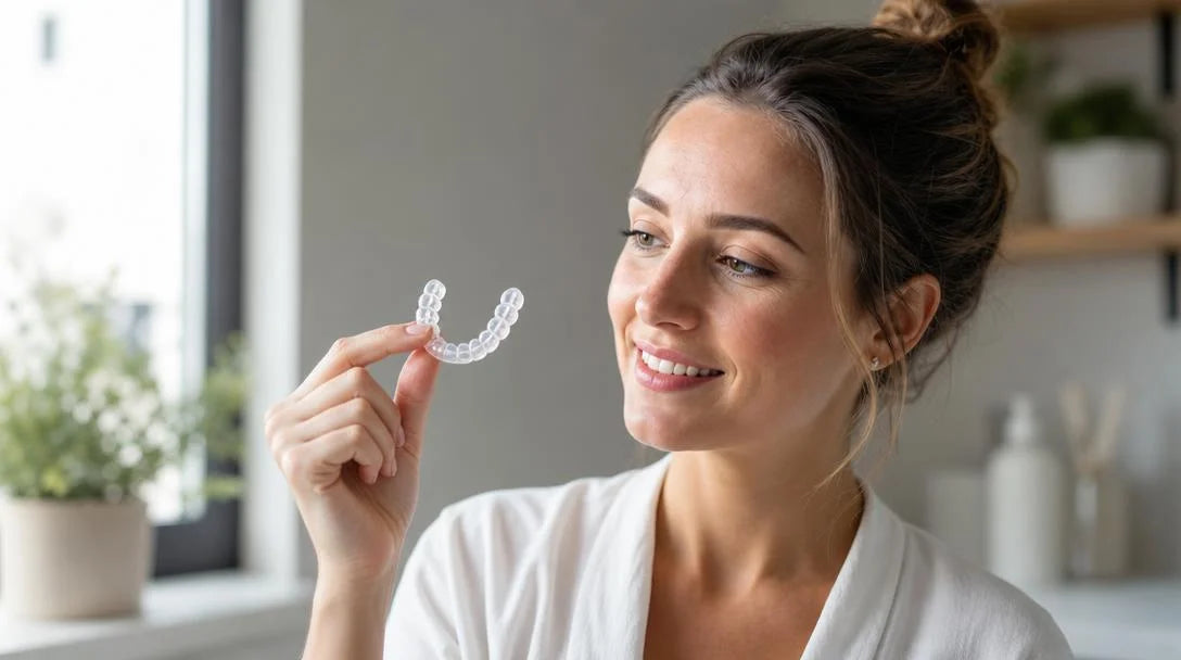 best custom retainer UK 2026 - woman holding clear Essix retainer comparing UK brands