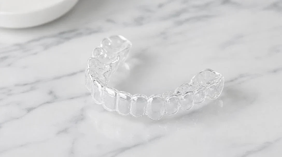 Clear Essix dental retainer on white marble — custom retainer after braces UK, £109 both arches NewSmile UK