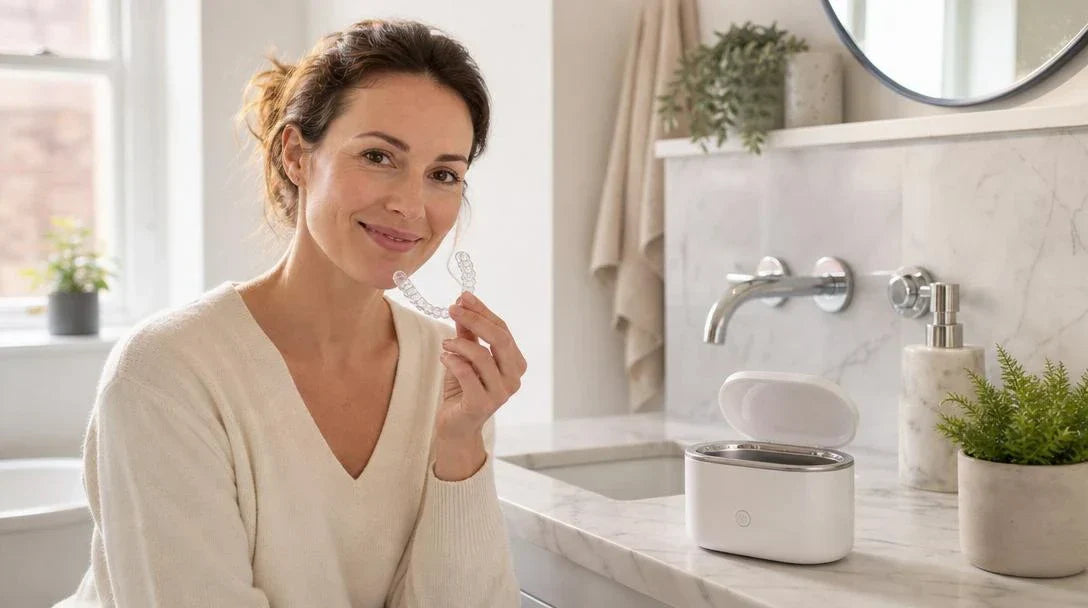 How to clean a retainer UK - woman using ultrasonic cleaner for dental retainer hygiene